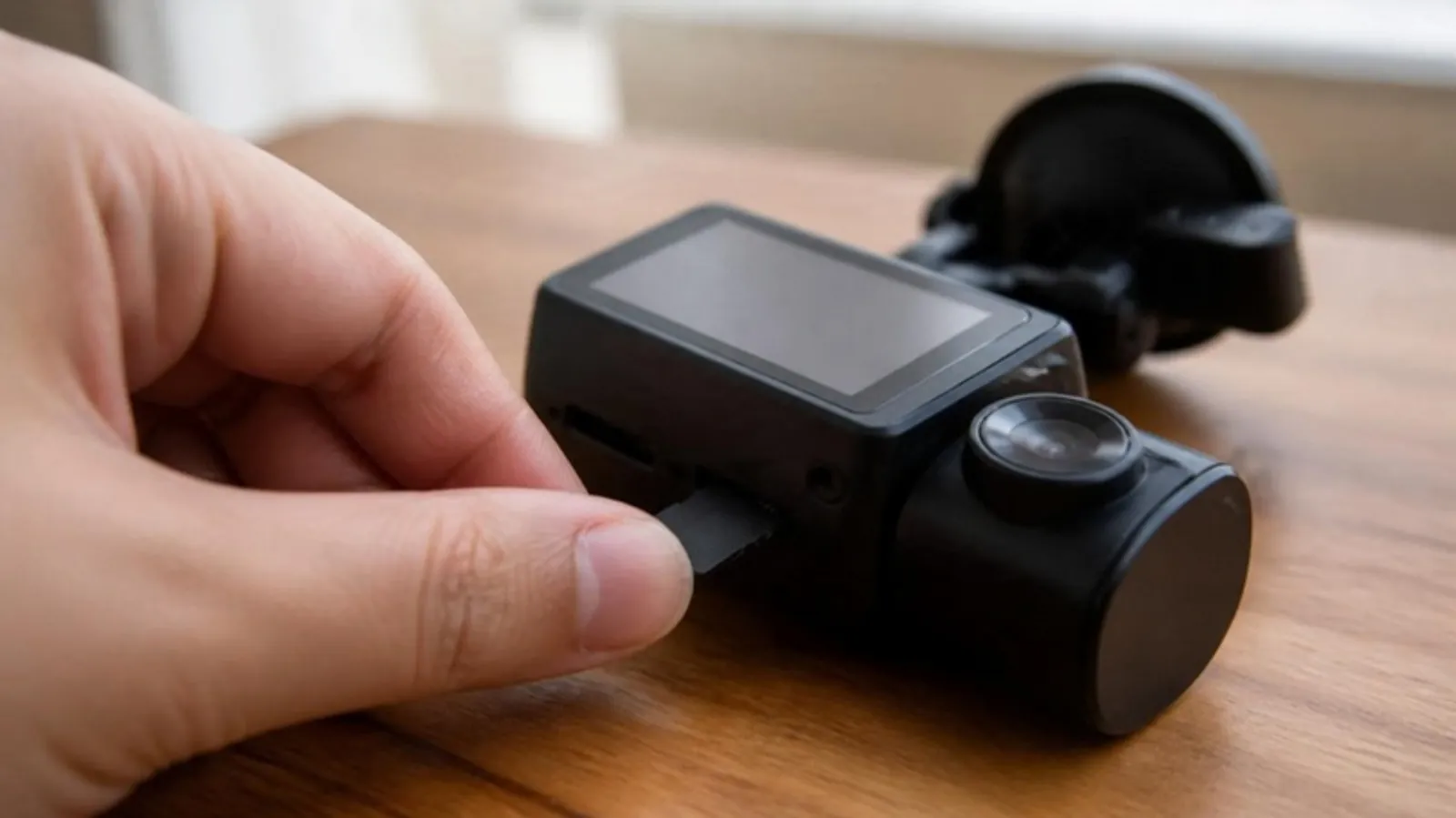 Hand inserting a microSD card into a small dash cam on a wooden table