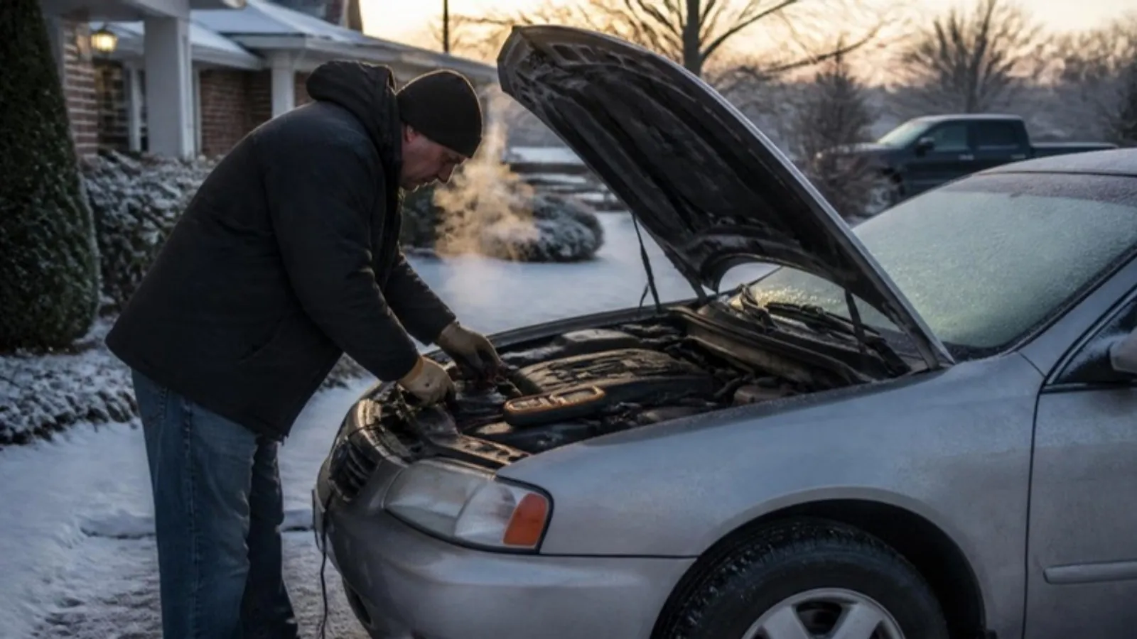 A driver with gloves checks a car battery under an open hood on a frosty winter morning