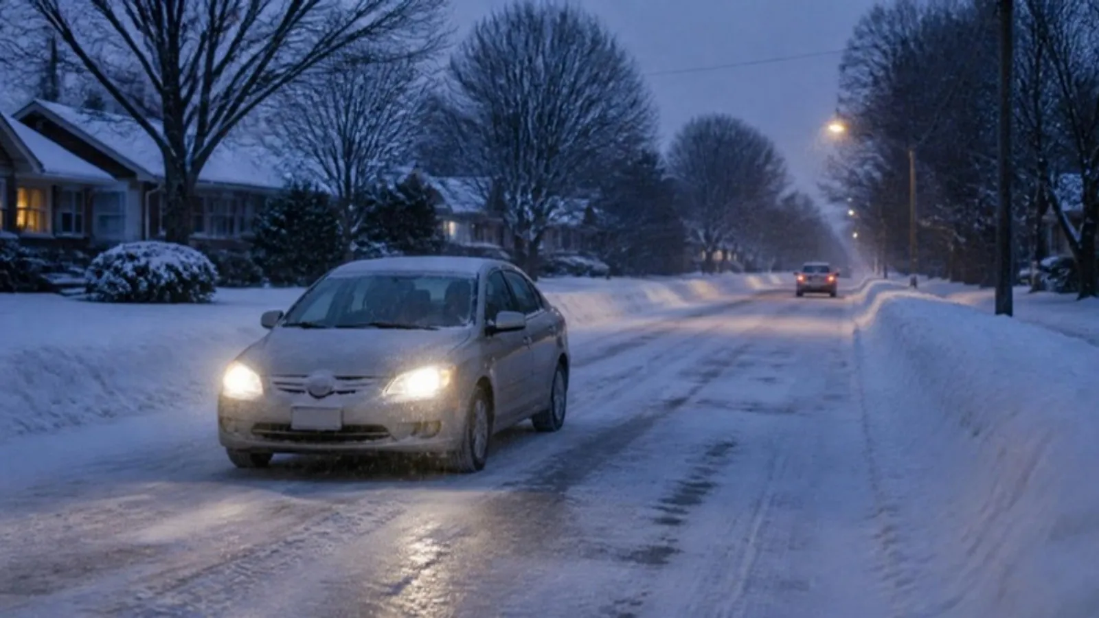 A compact car driving slowly on a snow-covered suburban road at dusk with headlights on and snowflakes falling