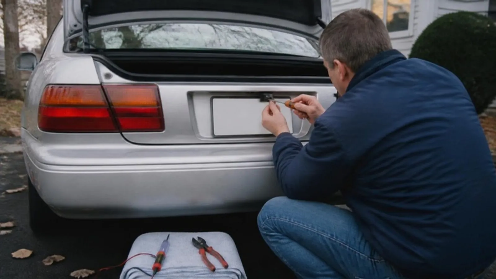 A person kneeling behind an older sedan attaching a small backup camera above the rear license plate on a cool autumn afternoon