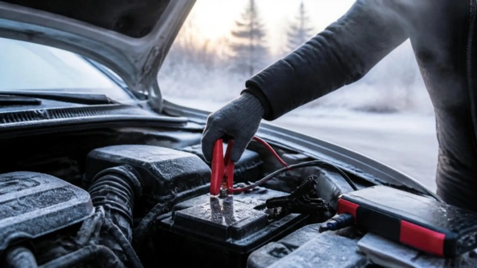 Gloved hand clamping a portable jump starter to a car battery on a frosty winter morning
