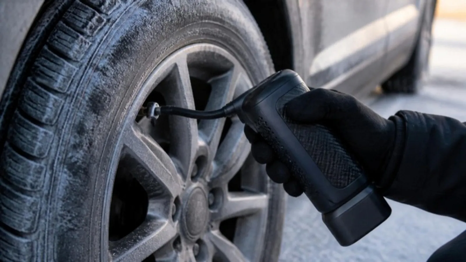 Gloved hand holding a cordless tire inflator on a frosty car tire valve