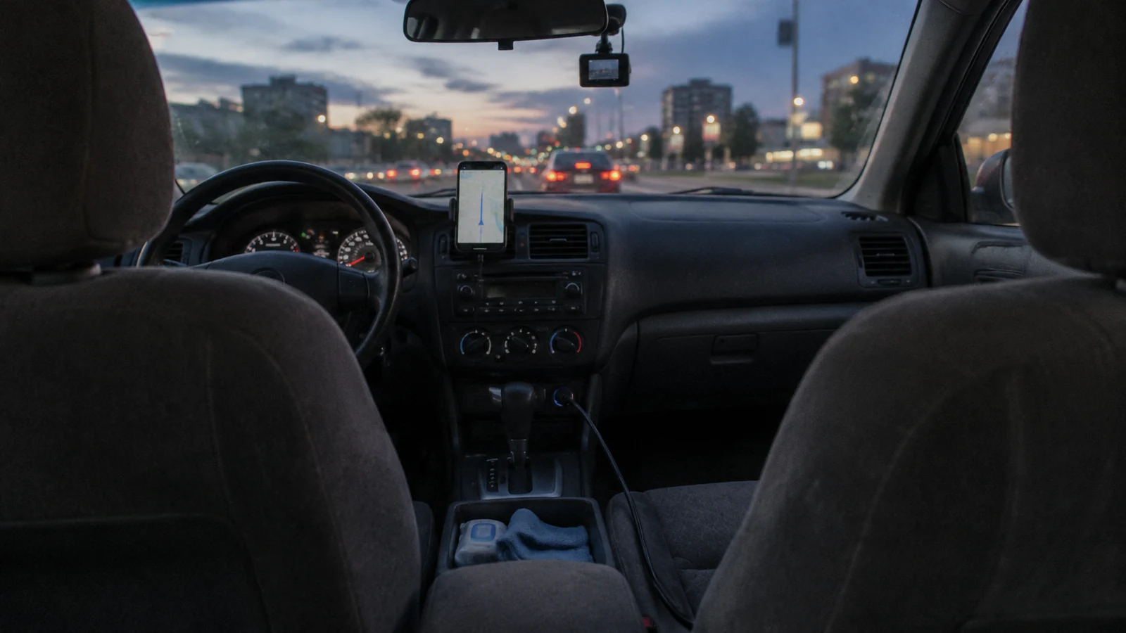 A rideshare driver's car at dusk seen from the back seat, with a phone on a dashboard mount, a small dash cam behind the rear-view mirror and a charging cable running to the console