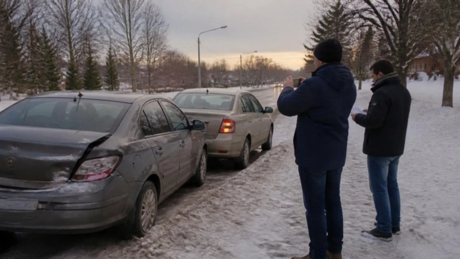 Two drivers exchanging insurance information beside two cars with minor damage on the shoulder of a slushy road
