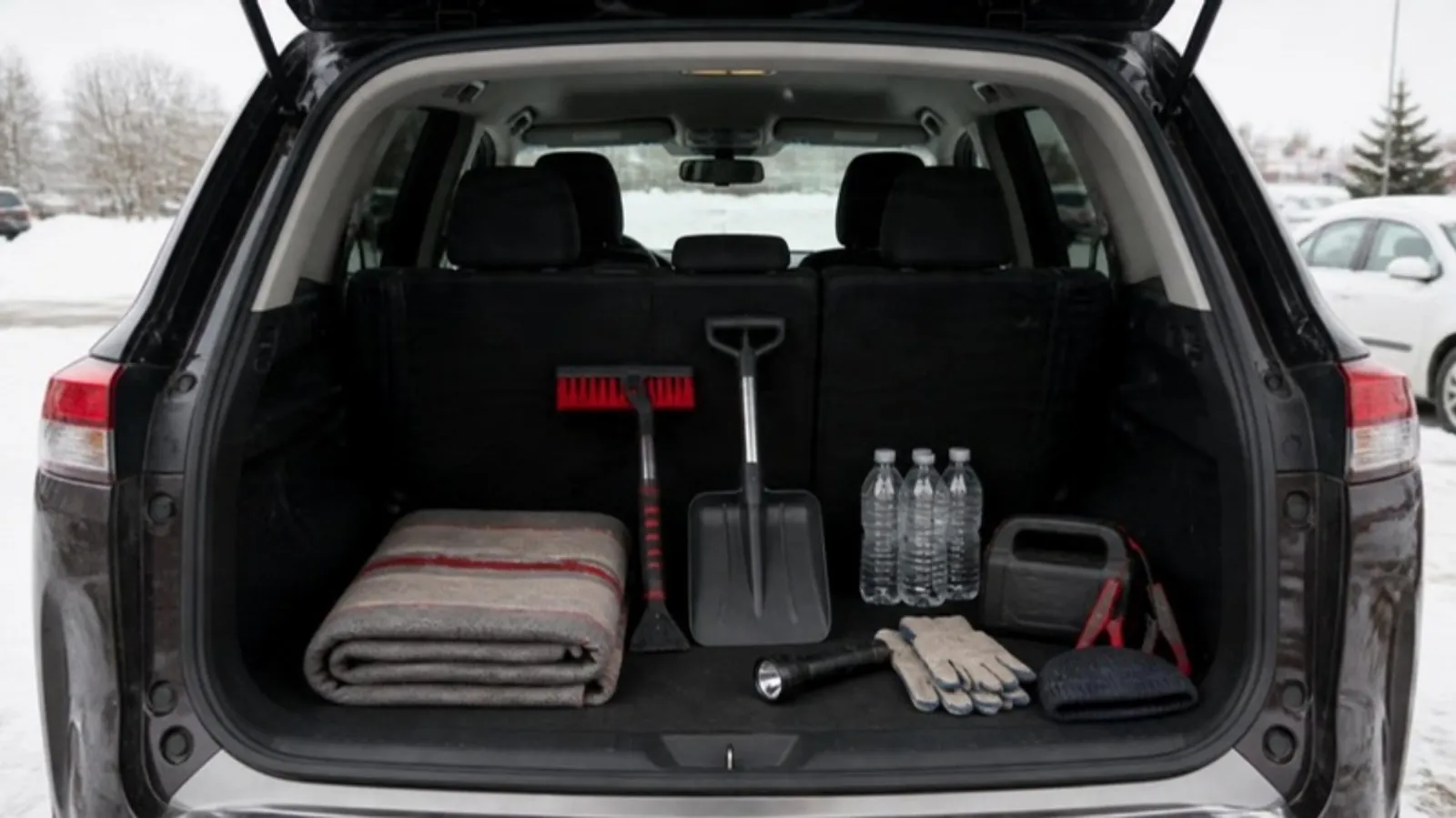 Open SUV trunk packed with a winter emergency kit in a snowy parking lot